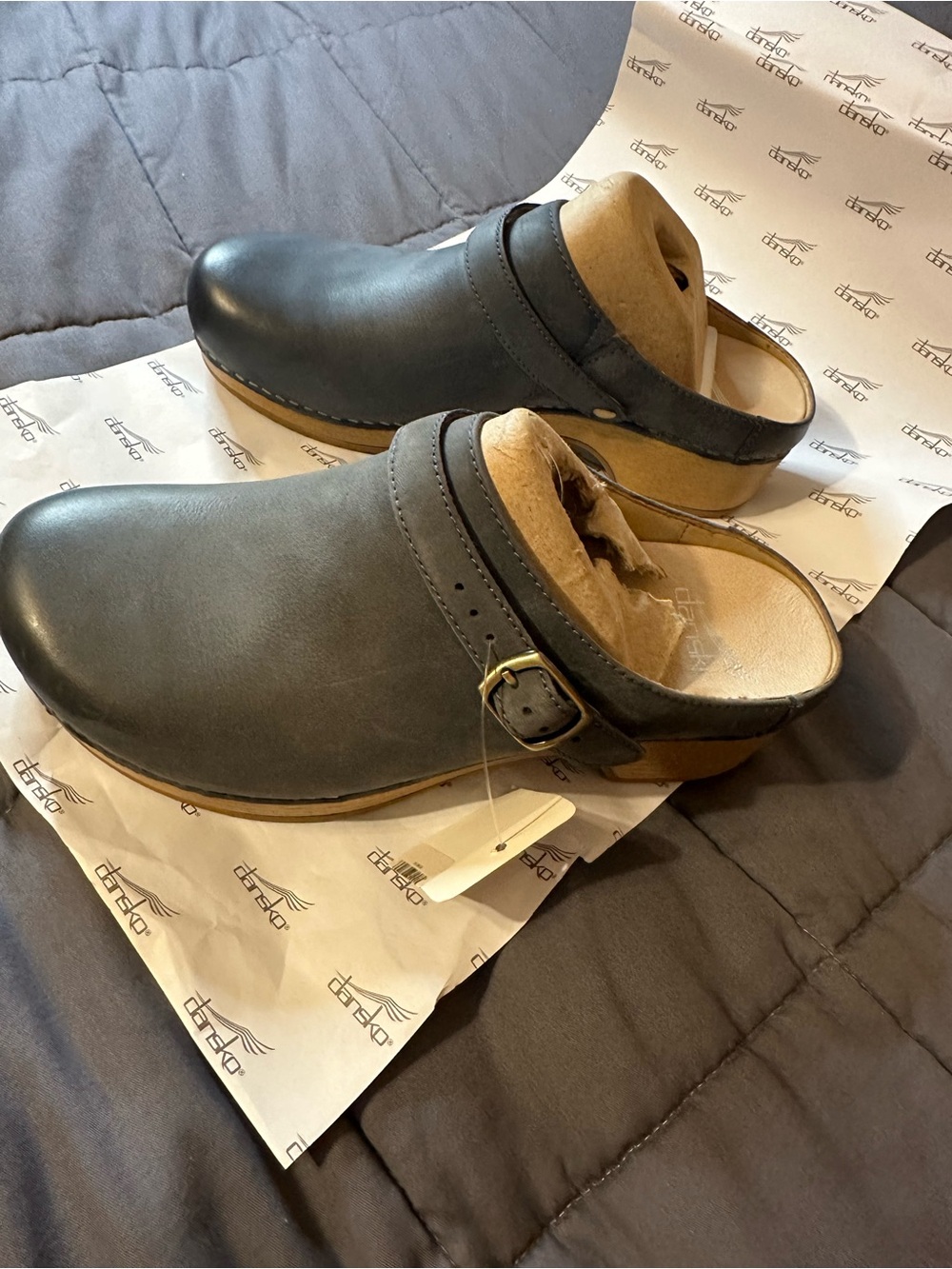 Dansko Denim Blue Leather Clogs with Buckle Strap